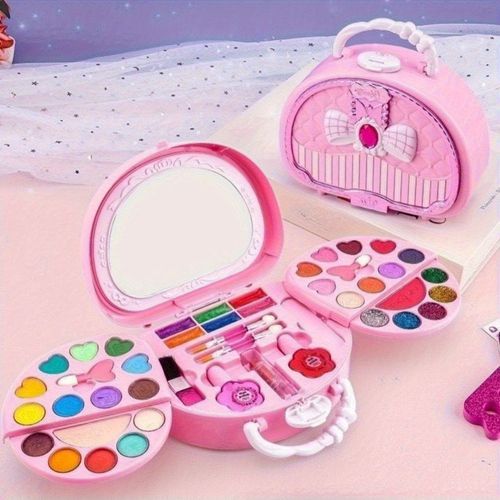 A princess makeup toy set with a 3-tier washable makeup case - pink and colorful fun design, includes brushes, lipstick, and costume play, perfect for birthday parties, Halloween, Christmas gifts, girls' makeup, fun design, and durable construction