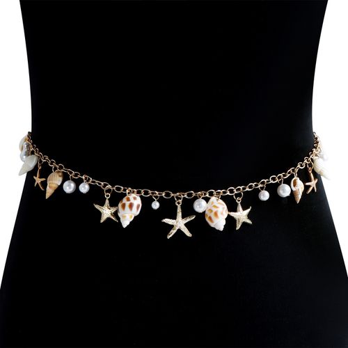 Bohemian summer beach shell waist chain seaside tourism imitation pearl starfish conch pendant body chain Europe and America