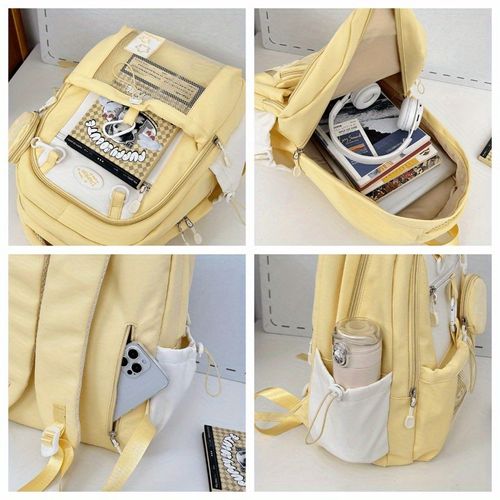 Lightweight and versatile stylish backpack, made of high-quality, water-resistant nylon, upgraded capacity, with color-blocking design, casual college-style shoulder bag, comes with cute charms, a bag loved by both boys and girls, available in four colors.