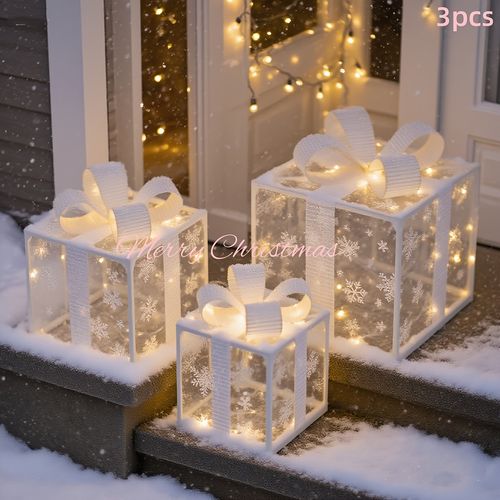 3-Piece Lighted Christmas Gift Box Set - Festive decorations with ribbons, warm glow, for indoor and outdoor use, sparkling gift boxes, Christmas trees, patios, and home decor.