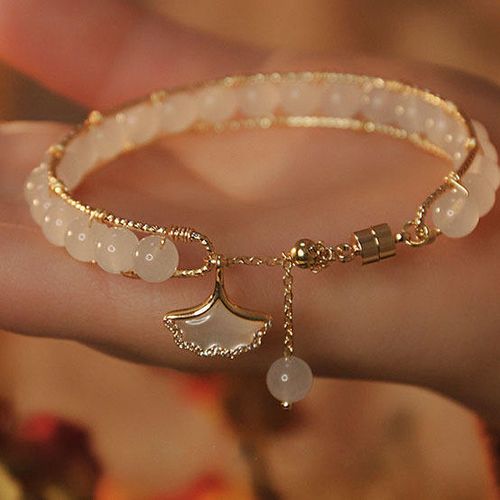 Imitation natural white jade bead bracelet for women, round ginkgo leaf pendant, handmade bead crystal bracelet for women