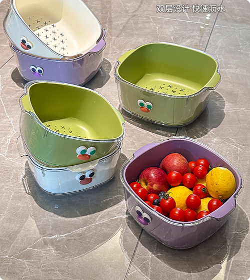 Double layer dopamine draining basket home cute fruit basket cleaning filtered water 2-in-1 thickened fruit plate washing basket