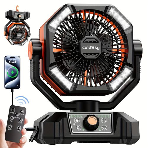20000mAh Battery Powered Camping Fan - Dual Motor, 8-Speed With Remote Control & 4 LED Lanterns, Portable Outdoor Fan With Hook For Tent, Power Outage, Construction Site