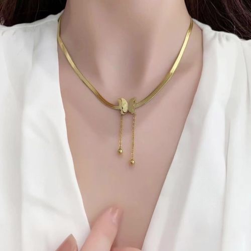 Frosted butterfly tassel titanium steel necklace for women, high-end, versatile, temperament, non-fade blade chain jewelry