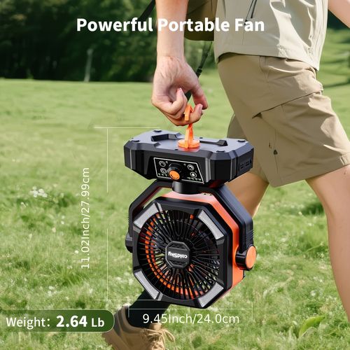 20000mAh Battery Powered Camping Fan - Dual Motor, 8-Speed With Remote Control & 4 LED Lanterns, Portable Outdoor Fan With Hook For Tent, Power Outage, Construction Site