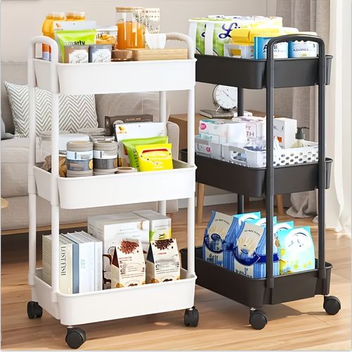 Three-tier durable plastic rolling storage cart with wheels - easy to move, black and white kitchen, bathroom, bedroom organizer - compact design with handle for versatile use