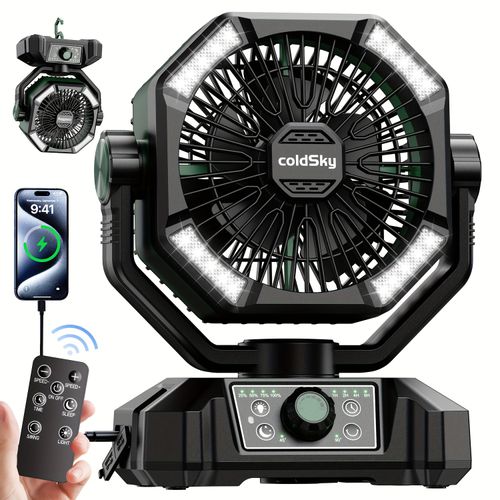 20000mAh Battery Powered Camping Fan - Dual Motor, 8-Speed With Remote Control & 4 LED Lanterns, Portable Outdoor Fan With Hook For Tent, Power Outage, Construction Site