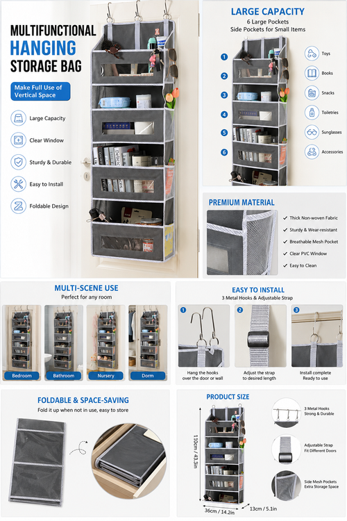 Door-hanging Storage Bag for Miscellaneous Items, A Storage Bag Behind The Door, A Wardrobe Organizer, A 5-layer Door-hanging Organizer with 5 Large-capacity Pockets, Anti-tilt, Suitable for Bedroom, Bathroom And Living Room Doors