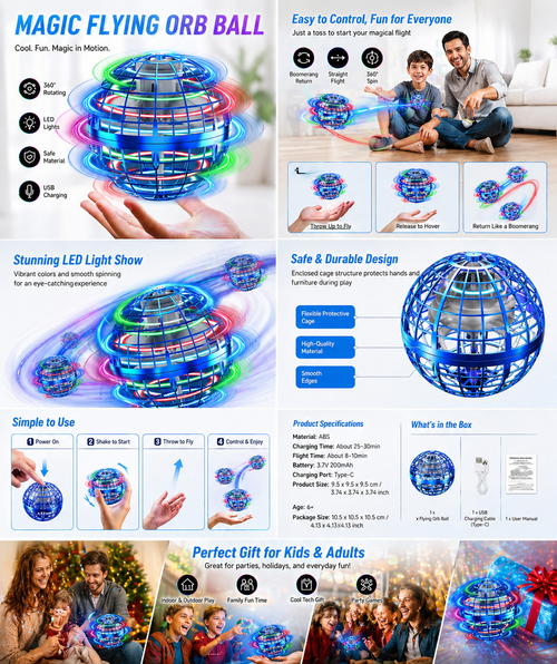 2026 Flying Orb Ball Toy, Hand Controlled Boomerang Hover Ball, LED Flying Spinner Drone, USB Rechargeable Indoor Outdoor Toy, Birthday Gift for 6 7 8 9 10+ Year Old Kids TikTok Trending Toy 3pcs