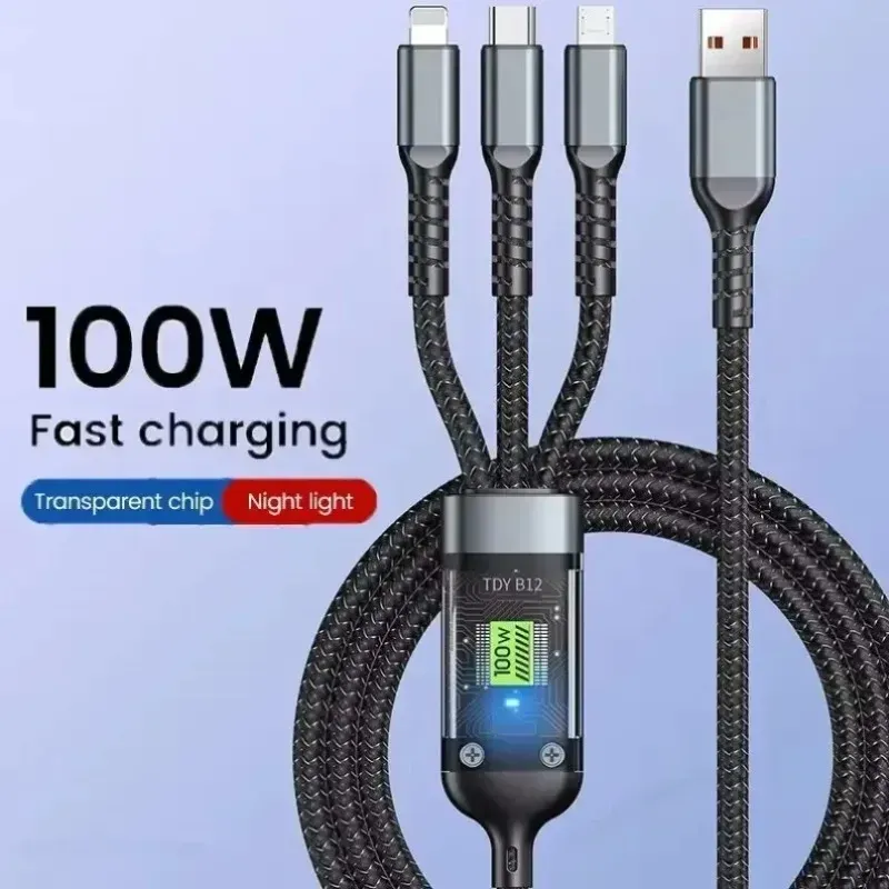 100W Fast Charging 3-in-1 Data Cable with Night Light 1.2m
