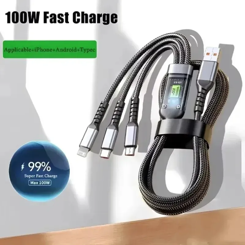 100W Fast Charging 3-in-1 Data Cable with Night Light 1.2m