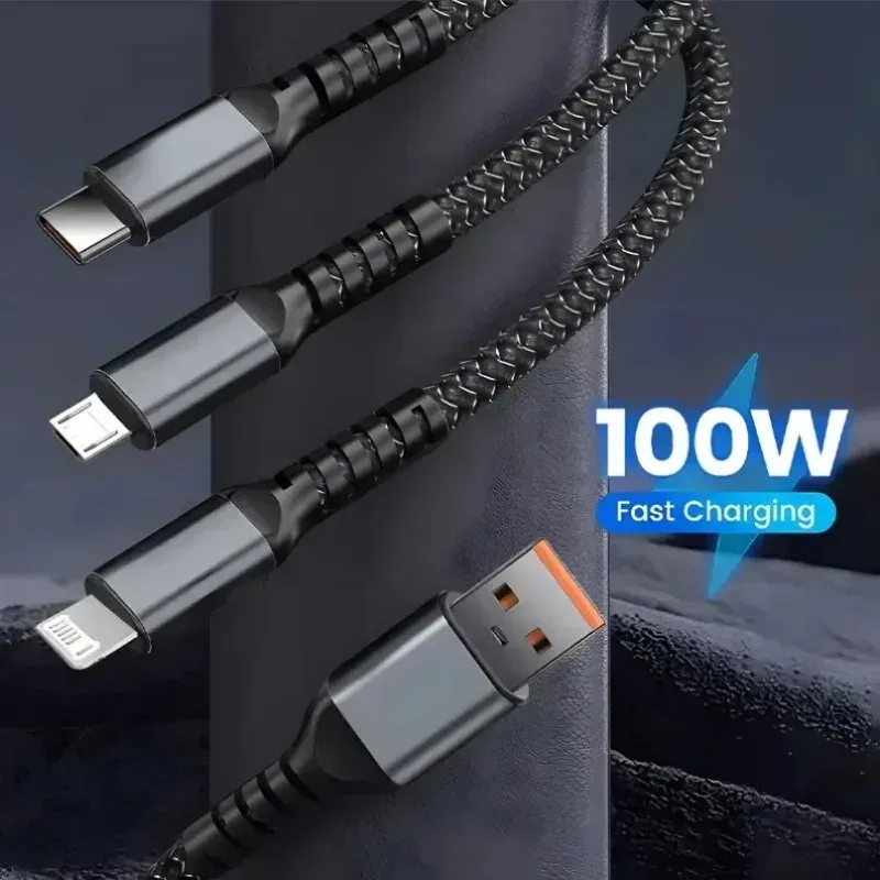 100W Fast Charging 3-in-1 Data Cable with Night Light 1.2m