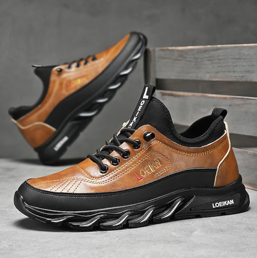 Men's Rugged Outdoor Shoes in Tan & Black, Durable Faux Leather Construction with Zigzag Sole for Enhanced Grip