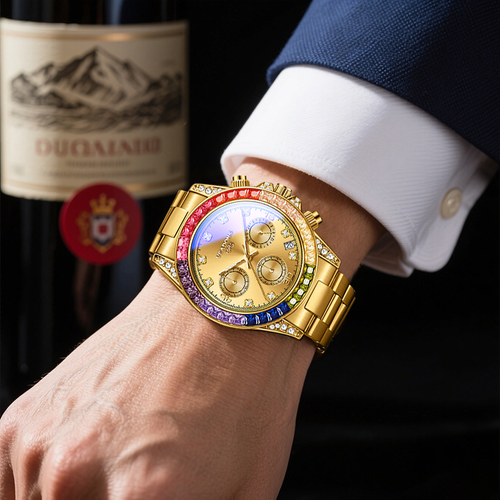 Men's Quartz Watch With Alloy Strap, Tempered Glass Mirror, Pointer Display, And Butterfly Double Snap Buckle