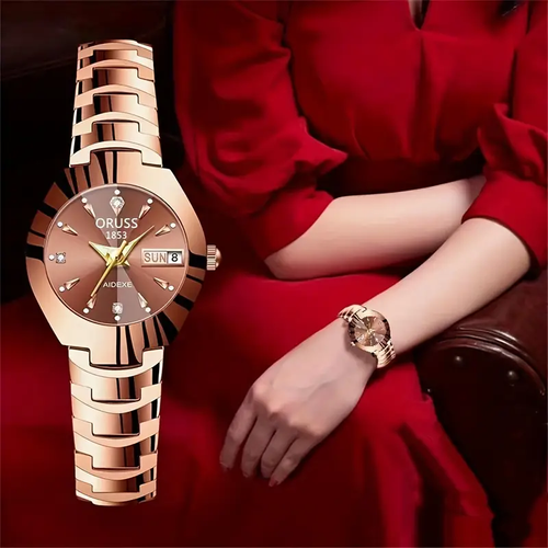 Luxury Rhinestone Accented Analog Quartz Watch Date Display Cutting Dial Women