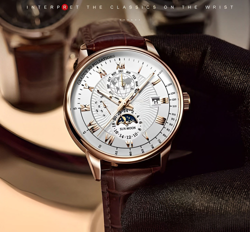 Men's Luxury Quartz Watch with Waterproof Design, Luminous Hands, Chronograph Function, Date Display, and Genuine Leather Strap
