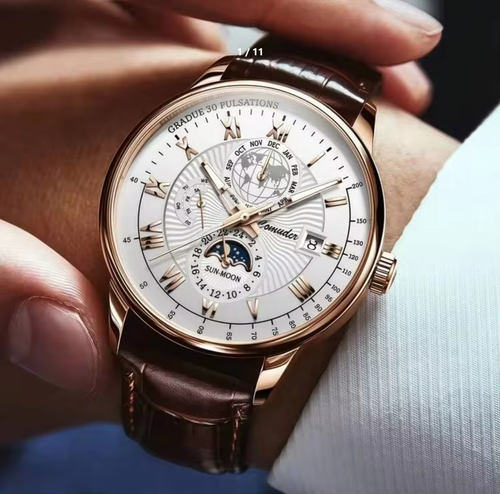 Men's Luxury Quartz Watch with Waterproof Design, Luminous Hands, Chronograph Function, Date Display, and Genuine Leather Strap