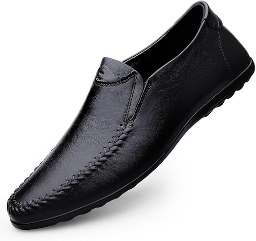 Mens Loafers Shoe Round Toe Vegan Leather Solid Color Loafer Shoes Slip Resistant Flexible Flat Heel Outdoor Slip-on