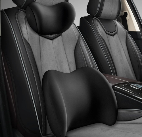 Car Headrest & Lumbar Support Cushion, Ergonomic Memory Foam Car Neck Back Support Removable Cover, Universal Breathable Lumbar Cushion Headrest Pillow with Adjusatble Strap (Black)