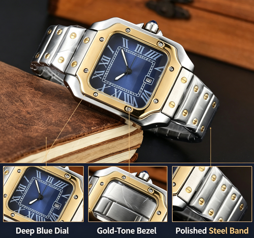 Stylish Men's Wrist Watches Branded with Dual Tone Stainless Steel Strap,Classic Analog Waterproof & Quartz Mechanical Watch for Man