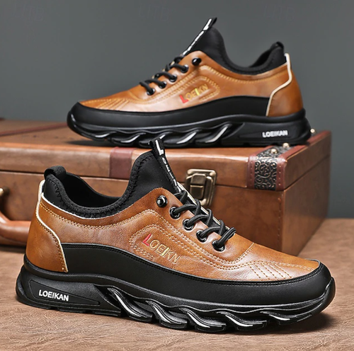 Men's Rugged Outdoor Shoes in Tan & Black, Durable Faux Leather Construction with Zigzag Sole for Enhanced Grip