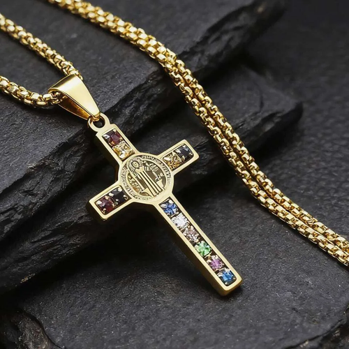 Saint Benedict Jesus Cross Stainless Steel Necklace Catholic Crucifix Male Colored Zircon