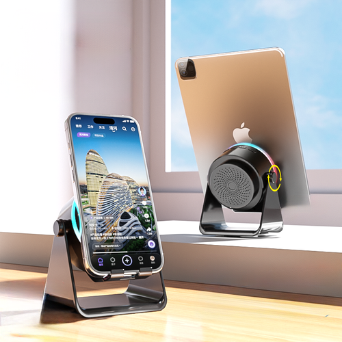 Smart Induction Phone Stand with Bluetooth Speaker – 360° Rotatable, Multi-Device Compatible Audio Holder with Proximity Sensing