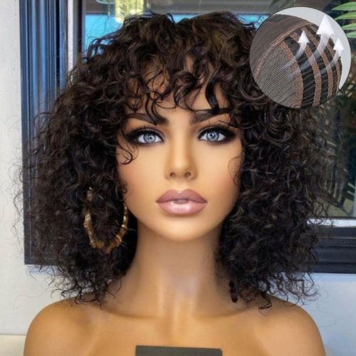 ReadytoGo Short Curly Bob Wig With Bangs Glueless HD Lace