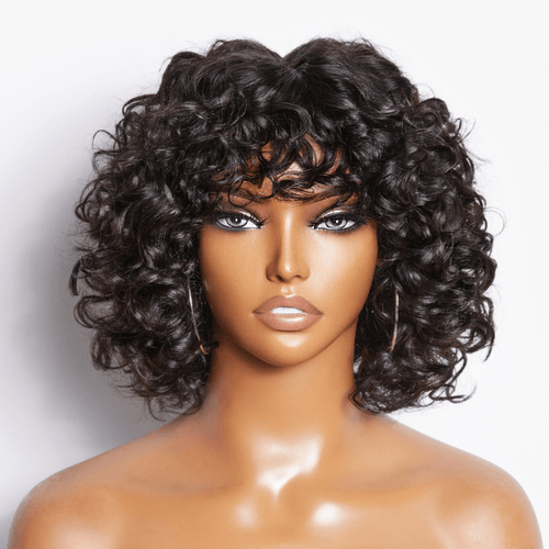 Light Weight  Water Wave Glueless Wig with Curly Bangs