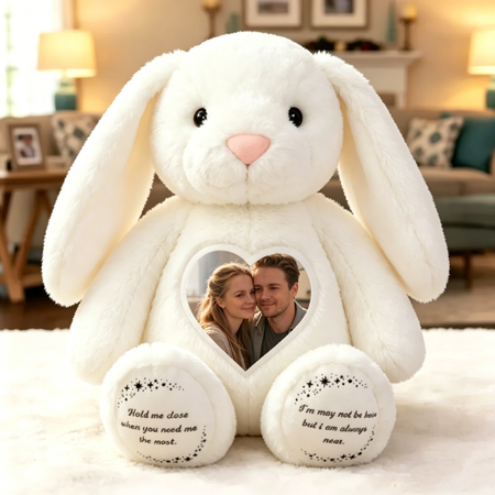 Custom Heart Photo Bunny Plush – Personalized Text Bunny Toys Anniversary Gift for Couples