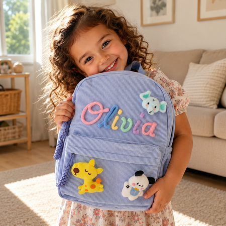 Personalized Kids Corduroy Back to School Backpack with Crochet Patches