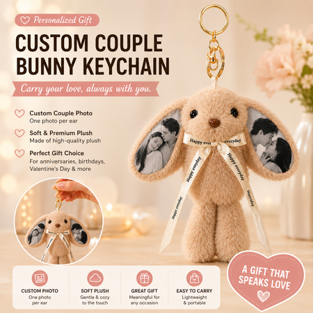 Custom Photo Bunny Plush Keychain – Personalized Cute Rabbit Bag Charm with Photo Ears & Ribbon Gift