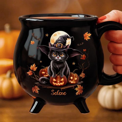 Custom 12oz Ceramic Cauldron Coffee Mug - Personalized Halloween Witchy Gifts - Purrfectly Spooky