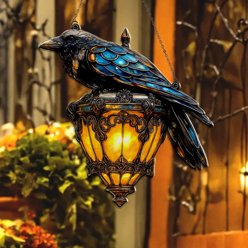 Gothic Raven on Lantern Decorative Suncatcher – Faux Stained Halloween Crow