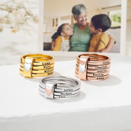Personalized Name Stacking Rings - Engraved 2-7 Bands with Heart Accent, Daily Wear Jewelry for Her