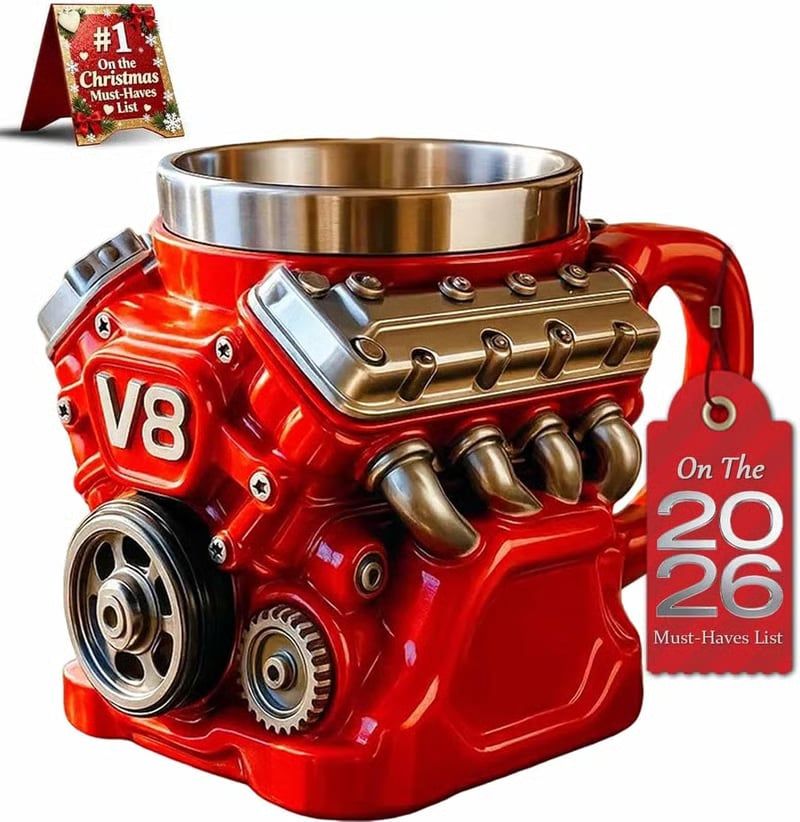 🔥🌟Engine-themed coffee mug, realistic V8 engine stainless steel mug