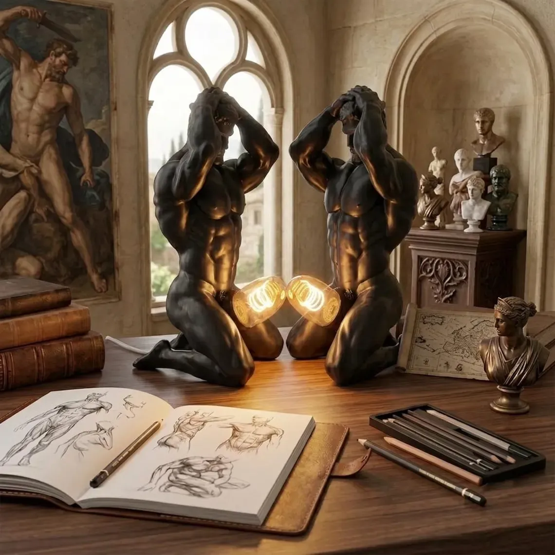 Bold Male Figure Table Lamp, Artistic Statue Light