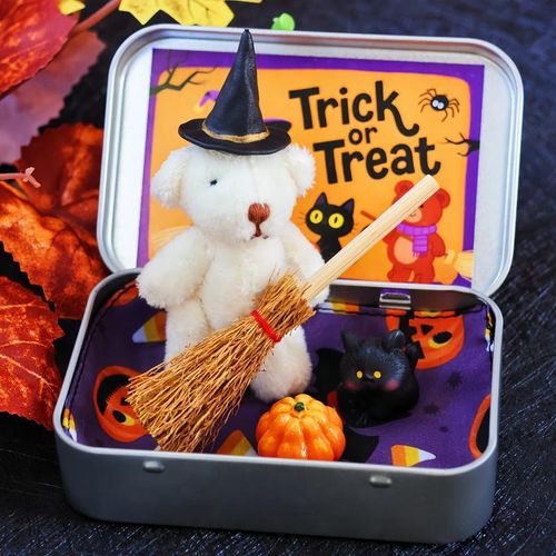 🎃🧸Halloween Teddy Bear Gift Box with Wizard Hat, Broom & Pumpkin🌟👻
