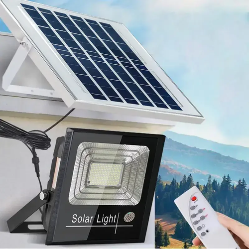 Solar Outdoor Remote Control Flood Light 6000K Bright White Light IP54 Waterproof Solar Security Light Auto On  Off Dusk to Dawn Suitable for patio, gazebo, shed, barn.