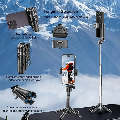 This elegant smartphone selfie stick features a one-touch deployable quad-leg stand, a DSLR-style grip, and a wireless remote control. Perfect for concerts, backpacking, hiking, desktop live streaming, and more.