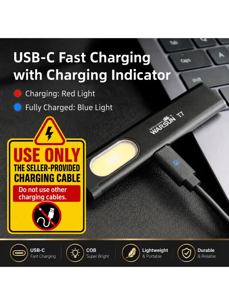 WARSUN T7 EDC Flashlight, Pocket LED Work Light with Magnetic Base & Clip, USB-C Rechargeable, Compact Everyday Carry Tool for Camping, Car Repair and Outdoor Use