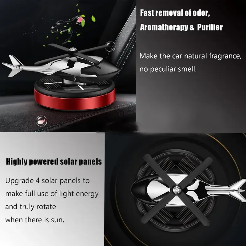 Creative Solar-Powered Rotating Helicopter-Style Aluminum Alloy Air Freshener - Car Interior Accessories, Air Purifier, Odor Elim., Car Aromatherapy Auto Accessory