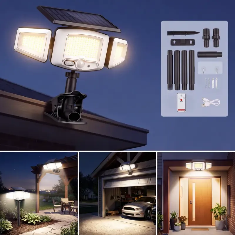 Solar Outdoor Lights 2500LM 210LED Security Lights,3 Heads Dimmable SpotLights with 3 Modes,IP65 Waterproof,Suitable for Yard, Garage, Porch,Patio, Garden,Farm,Chicken Coop, Barn,Horse Stable,Pool,2026 Upgrade