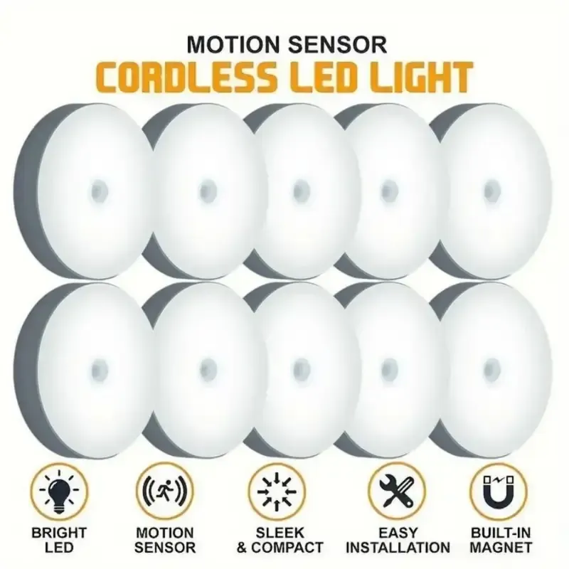 Cordless Table Lamp - 5-10 LED Motion Sensor USB Rechargeable Round Dimmable Plastic Night Light Bedroom, Automatic On-Off, Ideal for Bathrooms, Cabinets