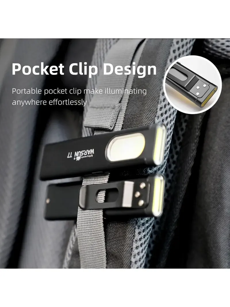 WARSUN T7 EDC Flashlight, Pocket LED Work Light with Magnetic Base & Clip, USB-C Rechargeable, Compact Everyday Carry Tool for Camping, Car Repair and Outdoor Use