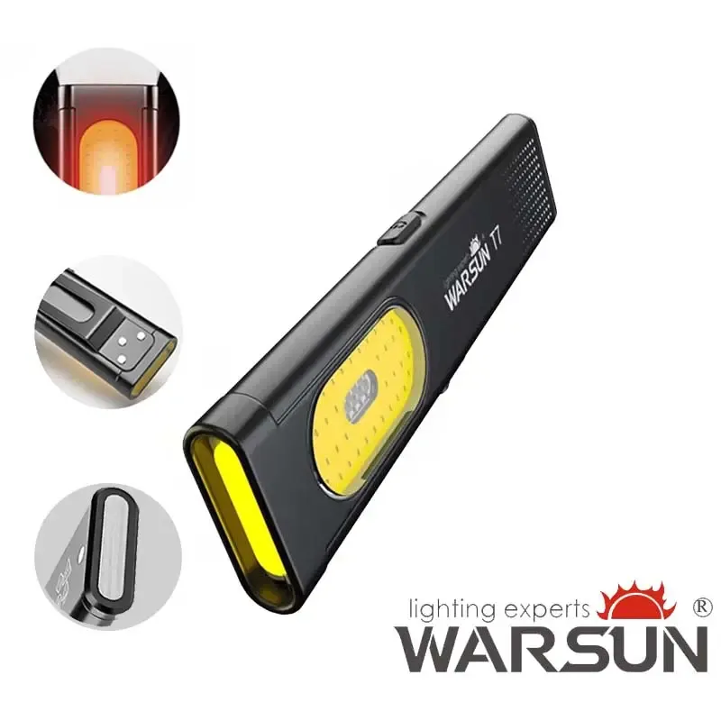 WARSUN T7 EDC Flashlight, Pocket LED Work Light with Magnetic Base & Clip, USB-C Rechargeable, Compact Everyday Carry Tool for Camping, Car Repair and Outdoor Use