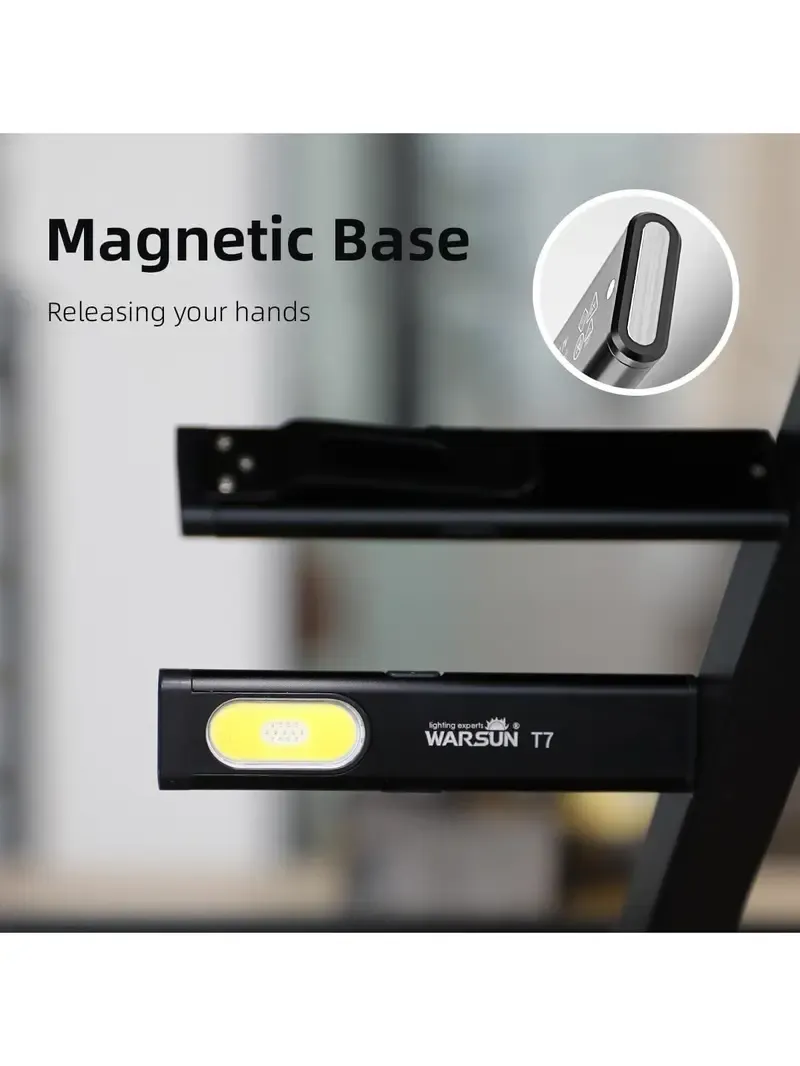 WARSUN T7 EDC Flashlight, Pocket LED Work Light with Magnetic Base & Clip, USB-C Rechargeable, Compact Everyday Carry Tool for Camping, Car Repair and Outdoor Use