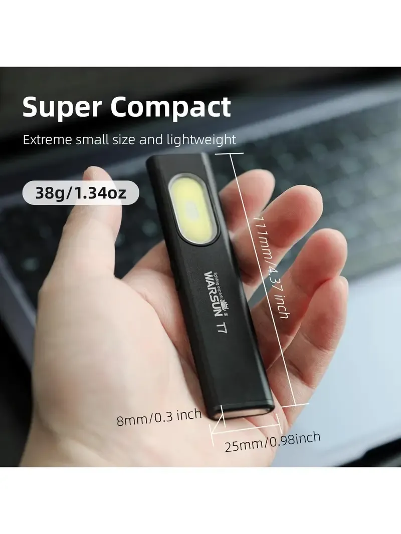 WARSUN T7 EDC Flashlight, Pocket LED Work Light with Magnetic Base & Clip, USB-C Rechargeable, Compact Everyday Carry Tool for Camping, Car Repair and Outdoor Use