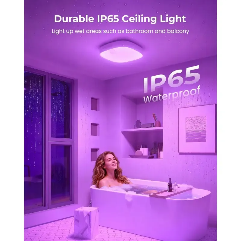 FULEN IP65 Waterproof Motion Sensor LED Shower Light - Smart Wireless Rechargeable Ceiling Lamp with 10000mAh Battery, RGB Colorful Ambient Light, Remote Control, 16ft Motion Sense, 3 Temp Dimming, 30s Auto Off, Bathroom Gadgets for Bathroom, Closet,home