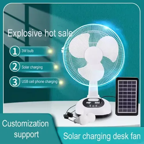 High Quality Home Use Cooling Battery Solar Electric Table Fan Rechargeable DC 12 Inch Wind Solar Fan with LED Lamp